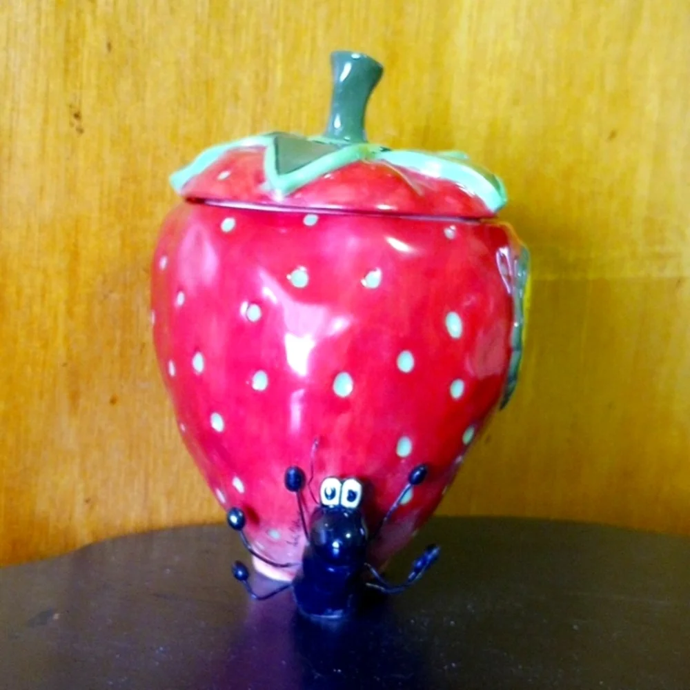 Vintage Red & Green Ceramic Cookie Jar, Canister, Strawberry Decor, Black Ant - Picture 2 of 4